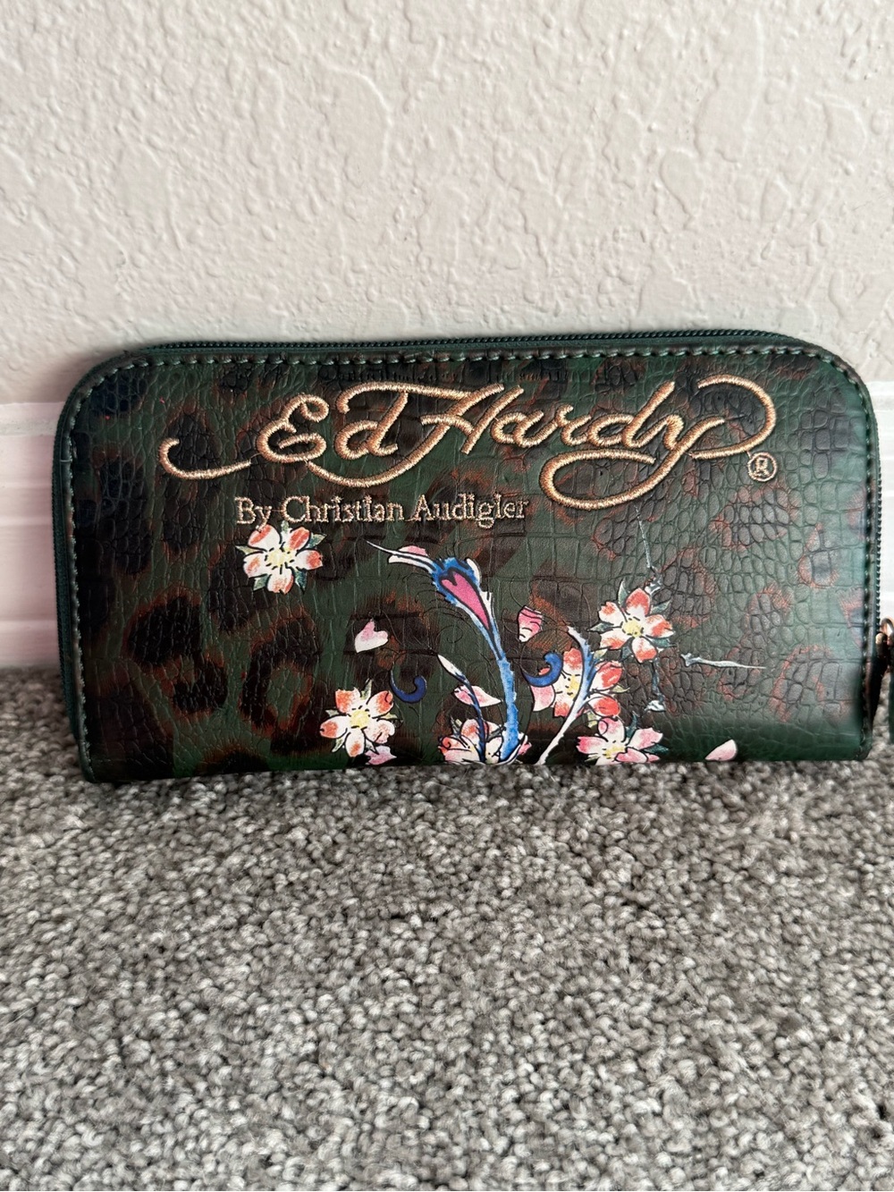 Ed Hardy Green Zip-Around Wallet with Gold Logo